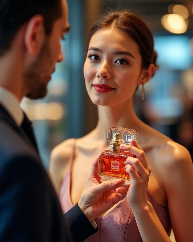 Surapa Loree sampling fragrances with a specialist